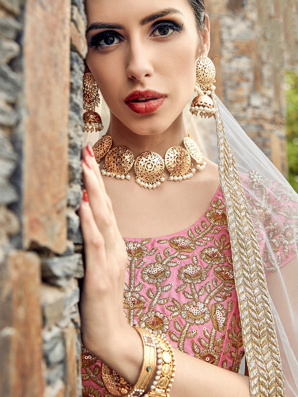 Designer Pink Semi Stitched Lehenga With  Unstitched Blouse Clothsvilla