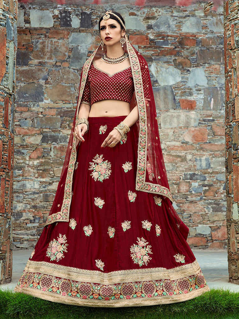 Red Elegant  Semi Stitched Lehenga With  Unstitched Blouse Clothsvilla