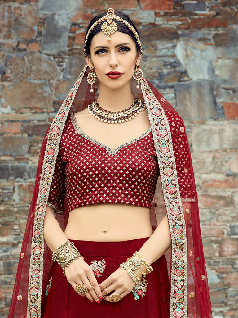 Red Elegant  Semi Stitched Lehenga With  Unstitched Blouse Clothsvilla