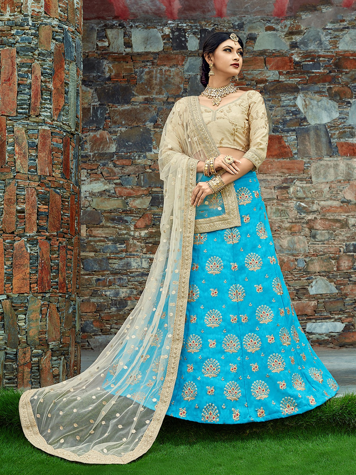 Aqua Blue Art Silk Semi Stitched Lehenga With  Unstitched Blouse Clothsvilla