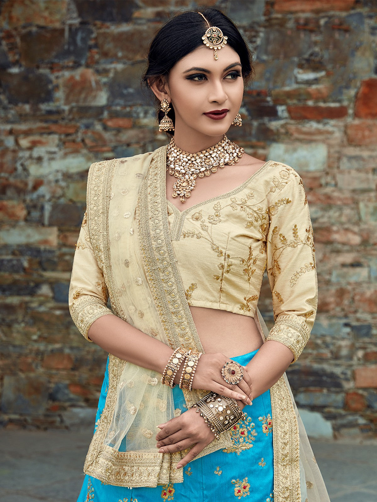 Aqua Blue Art Silk Semi Stitched Lehenga With  Unstitched Blouse Clothsvilla