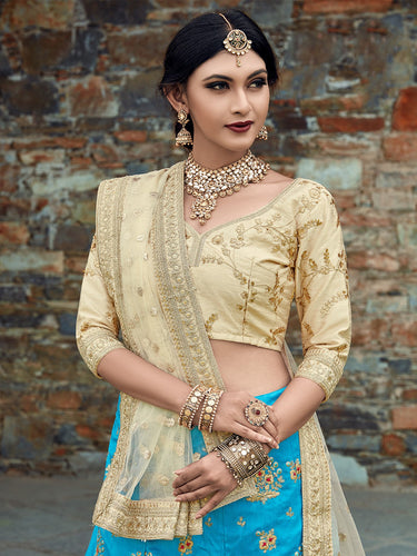 Aqua Blue Art Silk Semi Stitched Lehenga With  Unstitched Blouse Clothsvilla