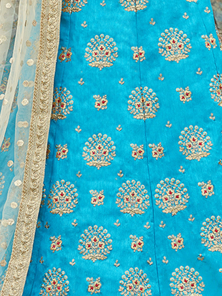 Aqua Blue Art Silk Semi Stitched Lehenga With  Unstitched Blouse Clothsvilla