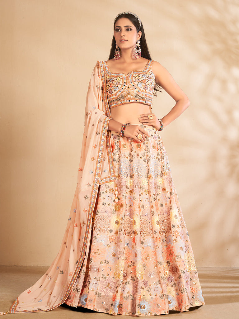 Peach Printed, Handwork Georgette Semi Stitched Lehenga With Unstitched Blouse Clothsvilla