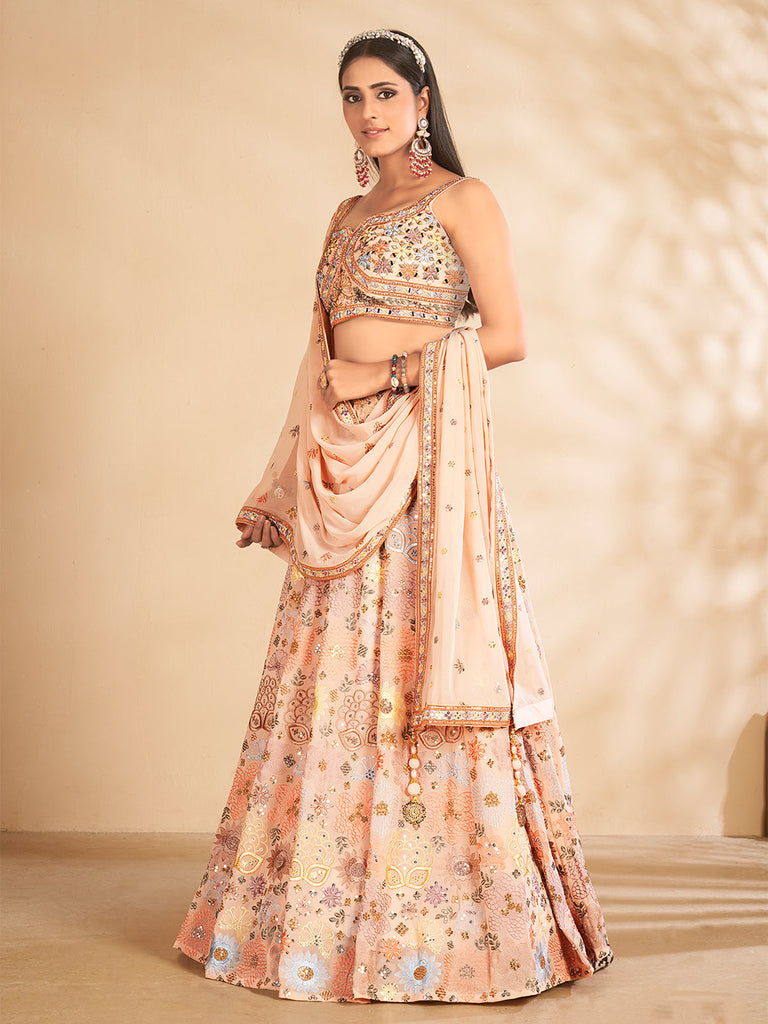 Peach Printed, Handwork Georgette Semi Stitched Lehenga With Unstitched Blouse Clothsvilla