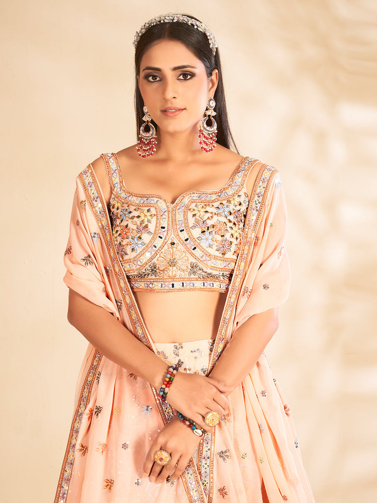 Peach Printed, Handwork Georgette Semi Stitched Lehenga With Unstitched Blouse Clothsvilla