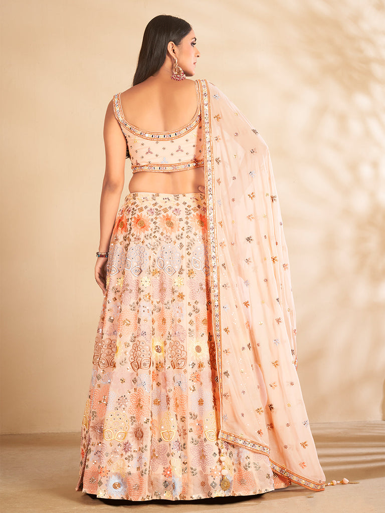 Peach Printed, Handwork Georgette Semi Stitched Lehenga With Unstitched Blouse Clothsvilla