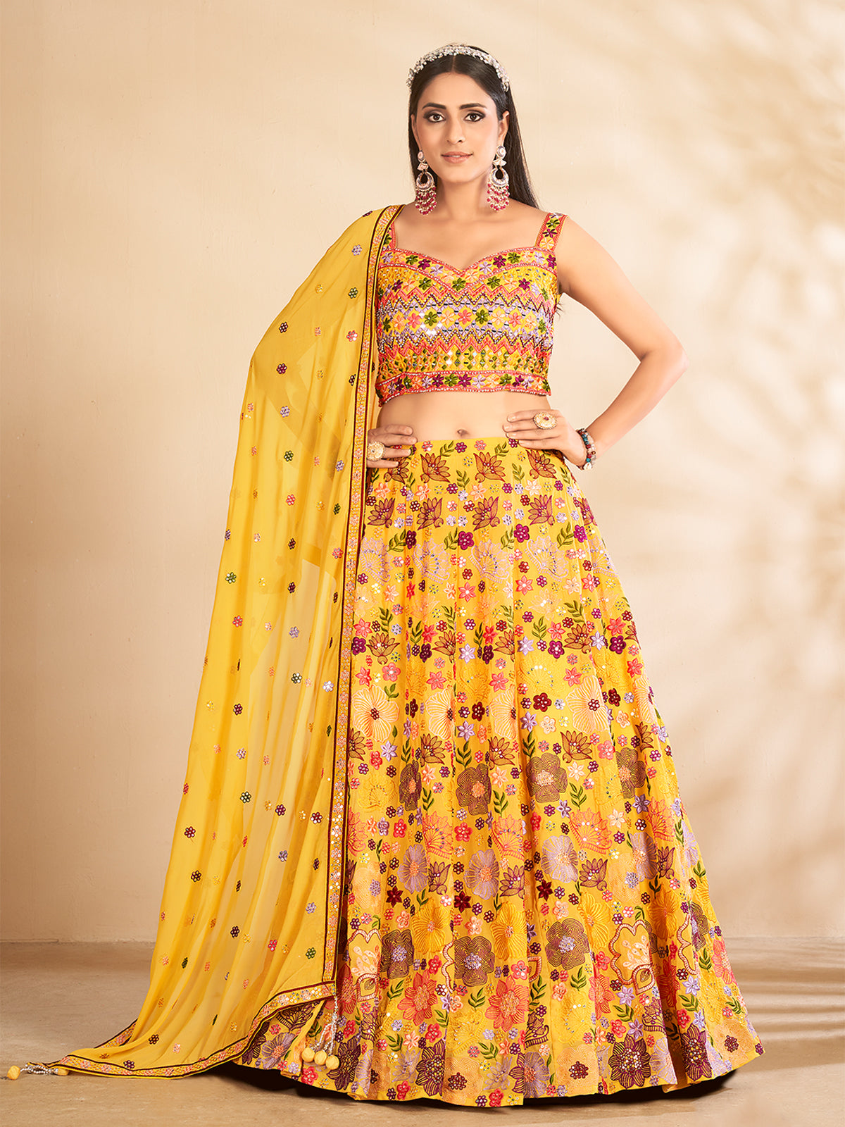 Mustard Printed, Handwork Georgette Semi Stitched Lehenga With Unstitched Blouse Clothsvilla