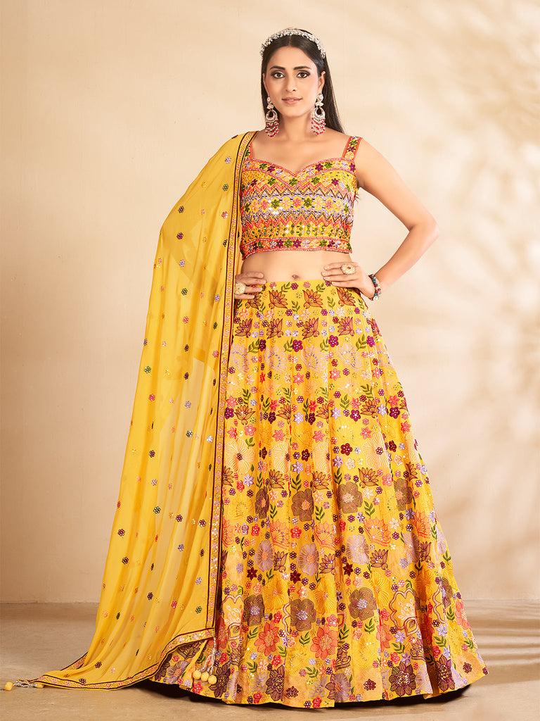 Mustard Printed, Handwork Georgette Semi Stitched Lehenga With Unstitched Blouse Clothsvilla