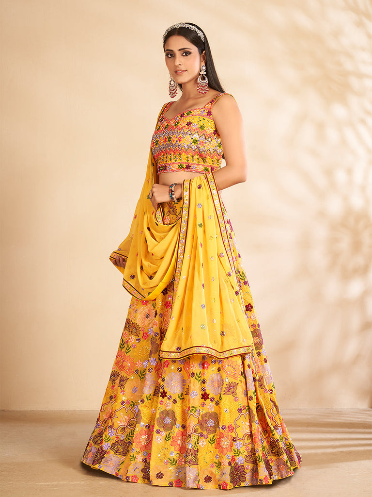 Mustard Printed, Handwork Georgette Semi Stitched Lehenga With Unstitched Blouse Clothsvilla