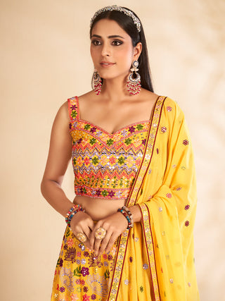 Mustard Printed, Handwork Georgette Semi Stitched Lehenga With Unstitched Blouse Clothsvilla