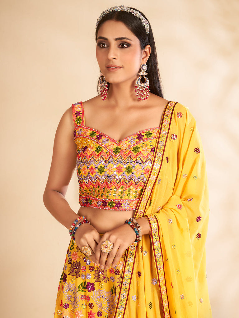 Mustard Printed, Handwork Georgette Semi Stitched Lehenga With Unstitched Blouse Clothsvilla