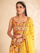 Load image into Gallery viewer, Mustard Printed, Handwork Georgette Semi Stitched Lehenga With Unstitched Blouse Clothsvilla