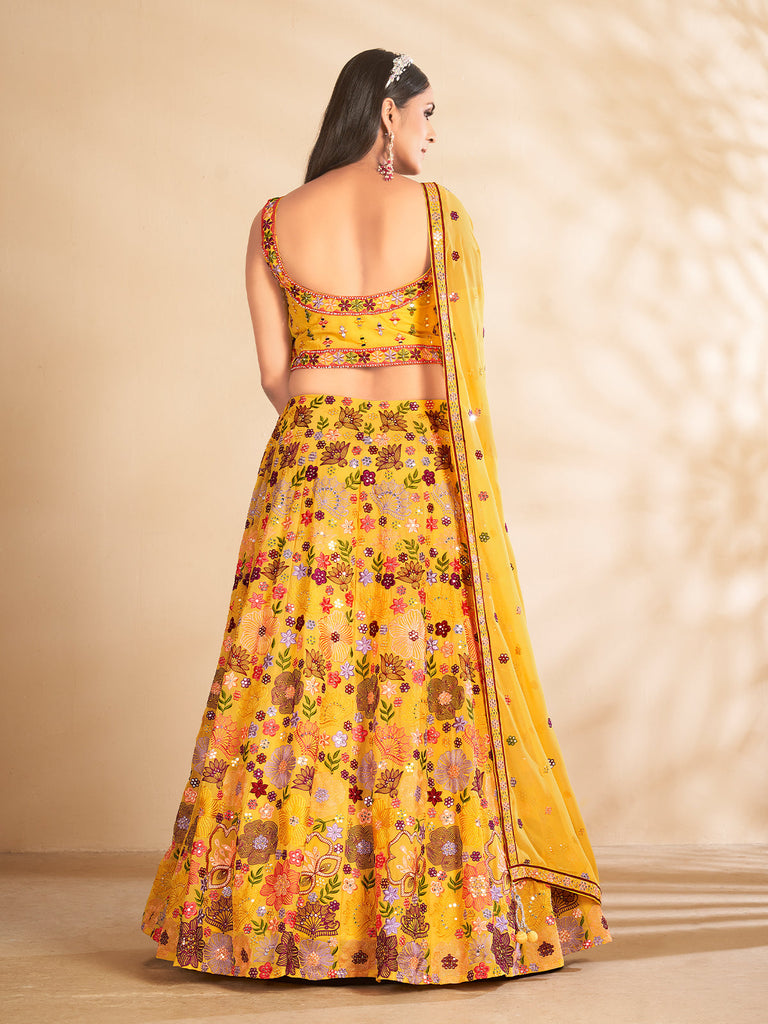 Mustard Printed, Handwork Georgette Semi Stitched Lehenga With Unstitched Blouse Clothsvilla