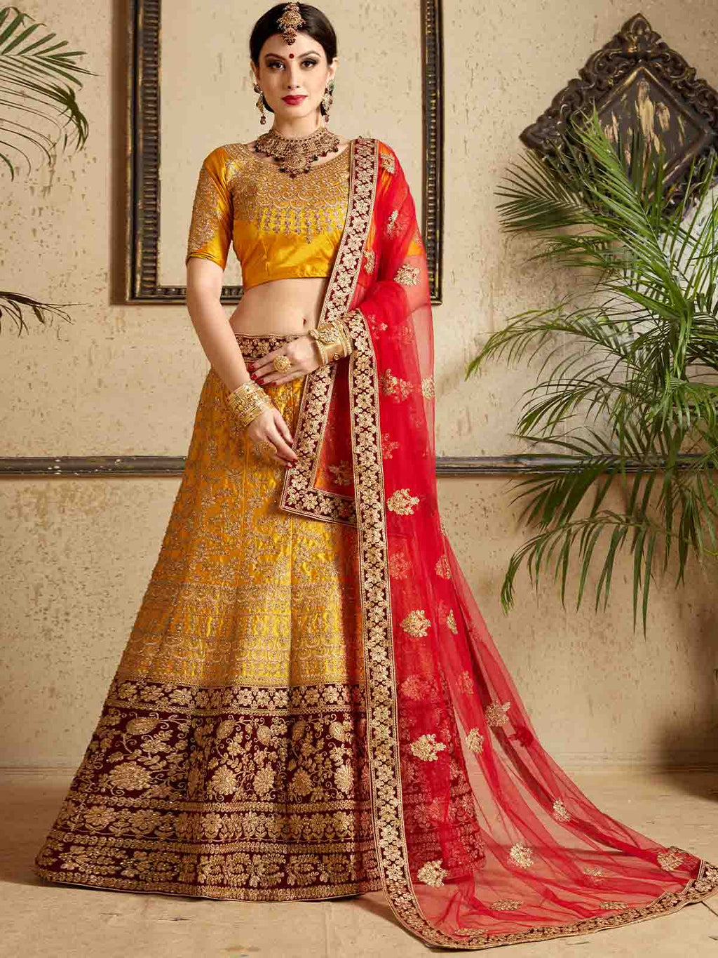 Mustard Designer Satin Semi Stitched Lehenga With Unstitched Blouse Clothsvilla