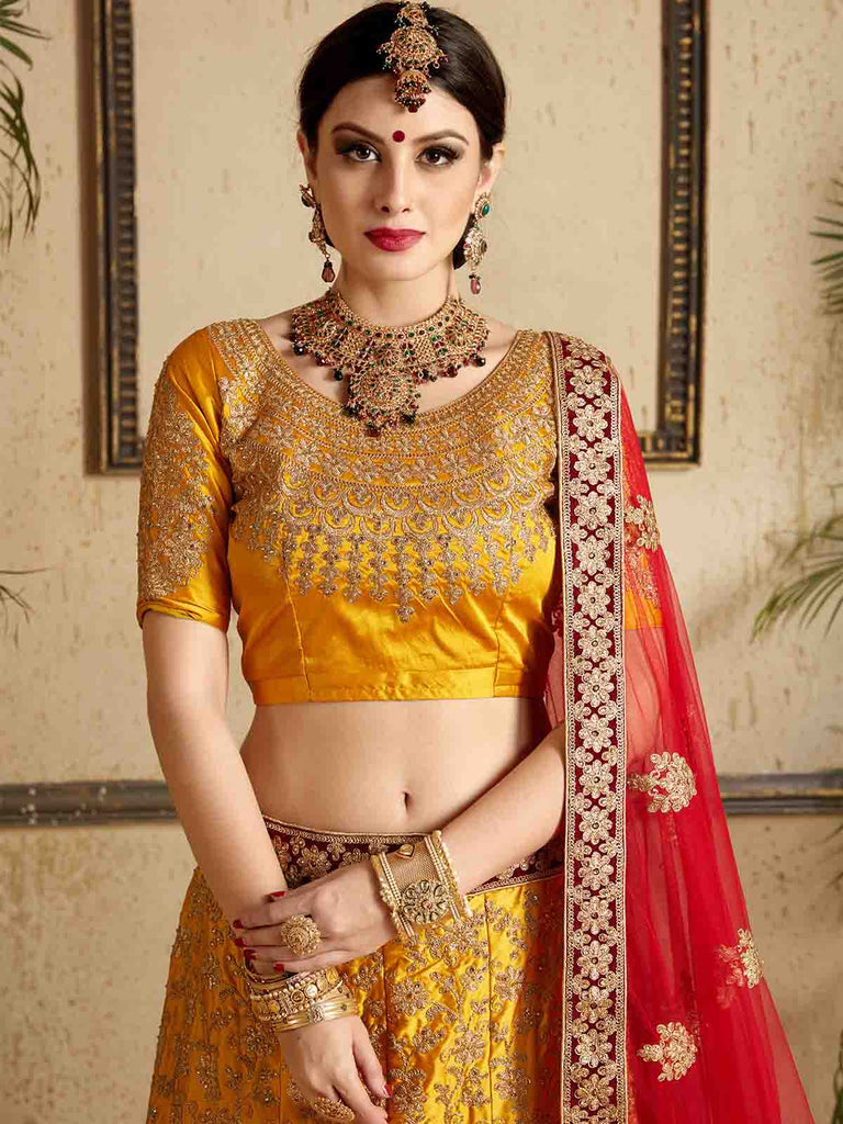 Mustard Designer Satin Semi Stitched Lehenga With Unstitched Blouse Clothsvilla