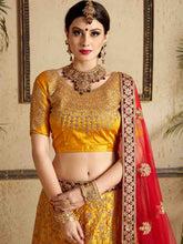 Load image into Gallery viewer, Mustard Designer Satin Semi Stitched Lehenga With Unstitched Blouse Clothsvilla