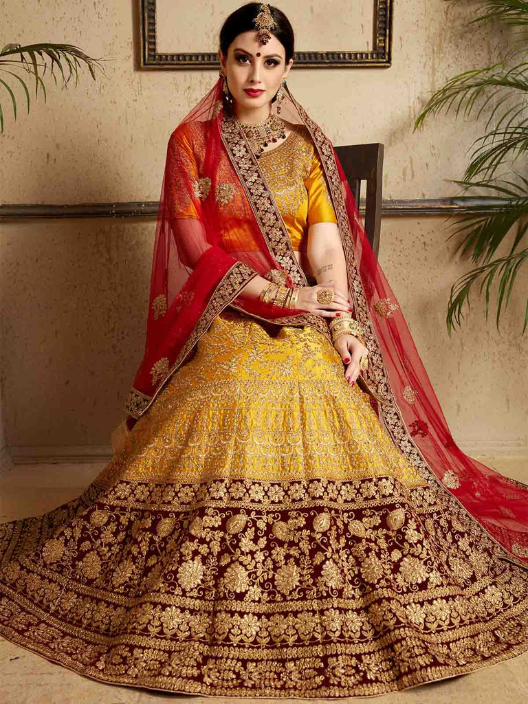 Mustard Designer Satin Semi Stitched Lehenga With Unstitched Blouse Clothsvilla