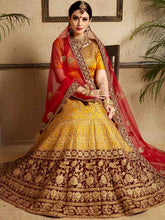 Load image into Gallery viewer, Mustard Designer Satin Semi Stitched Lehenga With Unstitched Blouse Clothsvilla