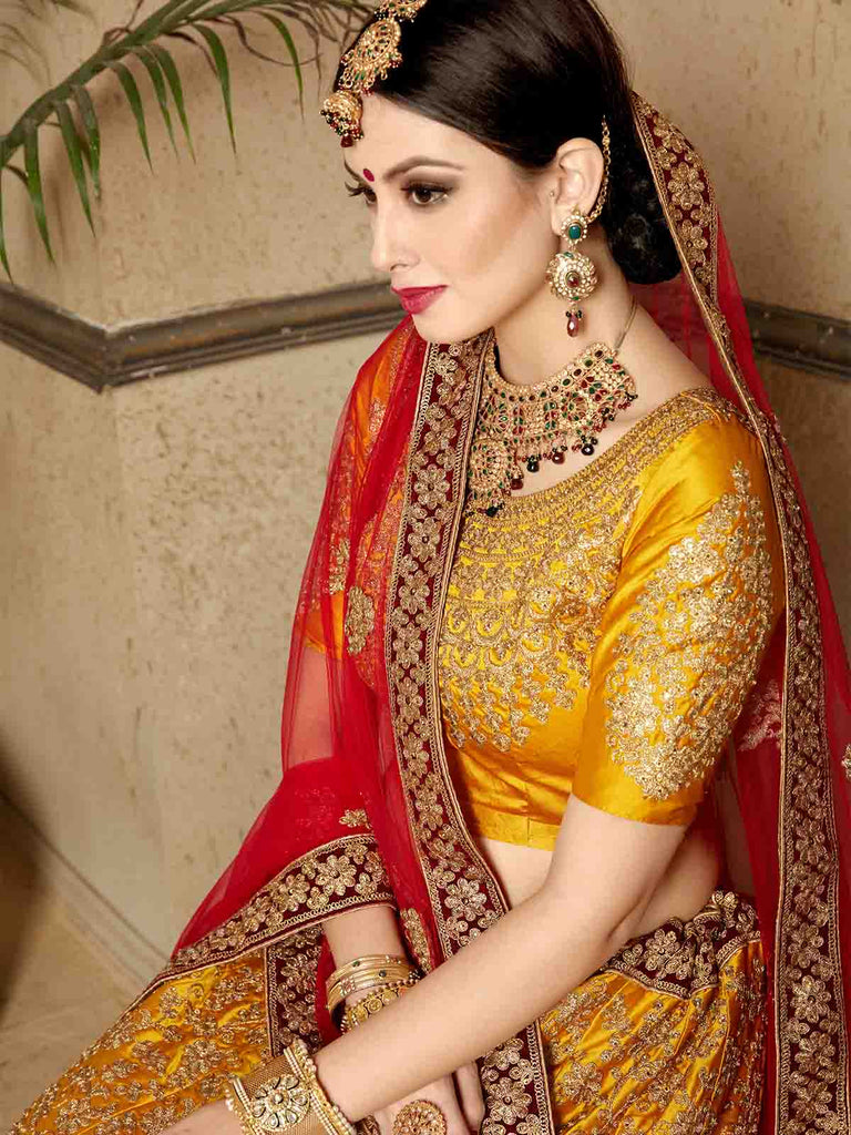 Mustard Designer Satin Semi Stitched Lehenga With Unstitched Blouse Clothsvilla