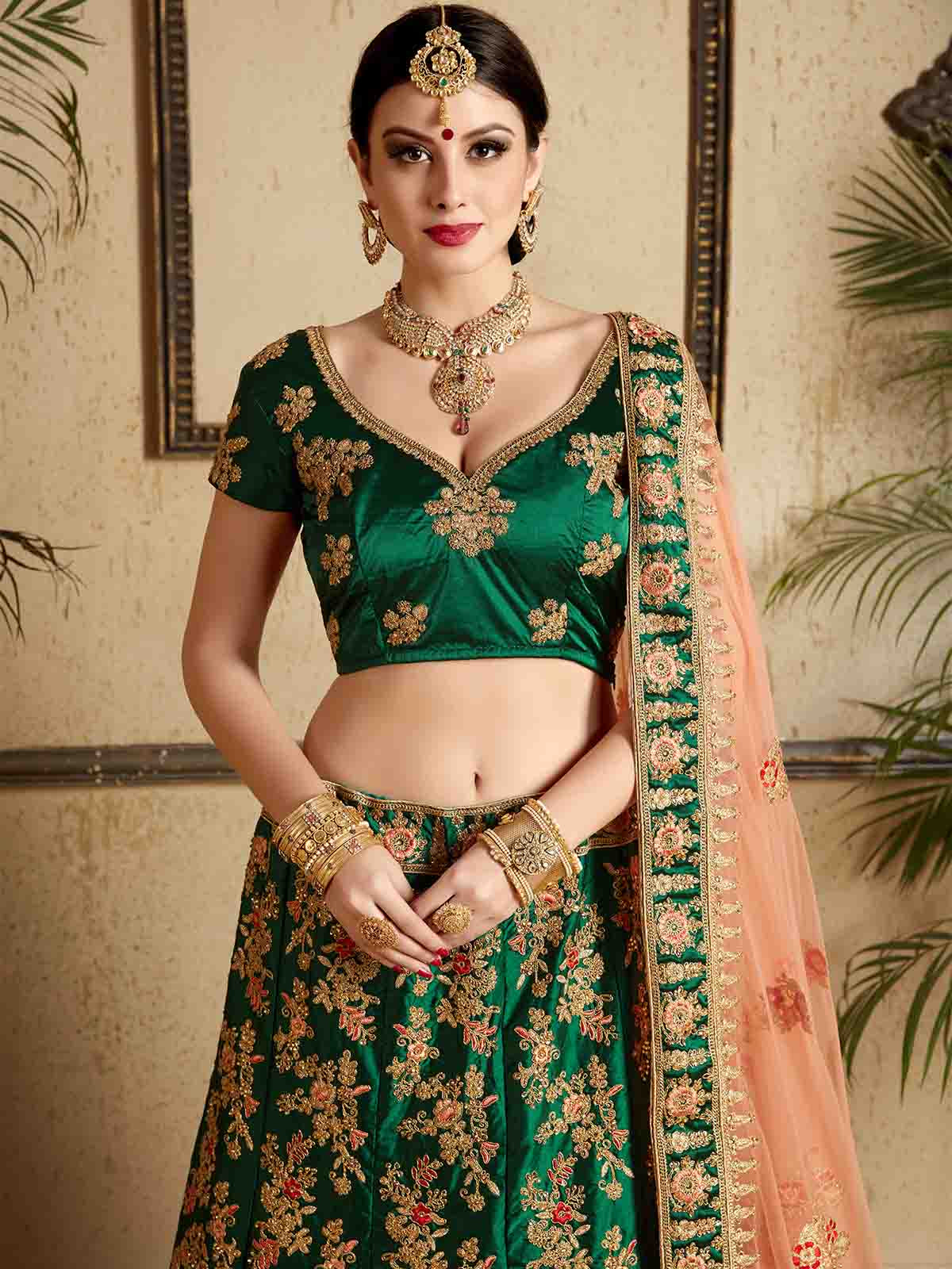 Dark Green Designer Satin Semi Stitched Lehenga With Unstitched Blouse Clothsvilla