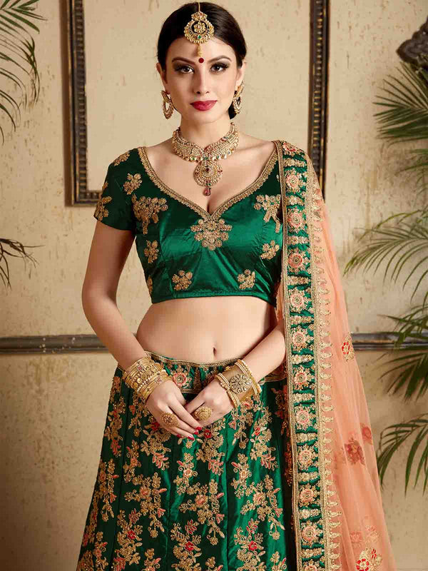 Dark Green Designer Satin Semi Stitched Lehenga With Unstitched Blouse Clothsvilla