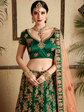 Load image into Gallery viewer, Dark Green Designer Satin Semi Stitched Lehenga With Unstitched Blouse Clothsvilla