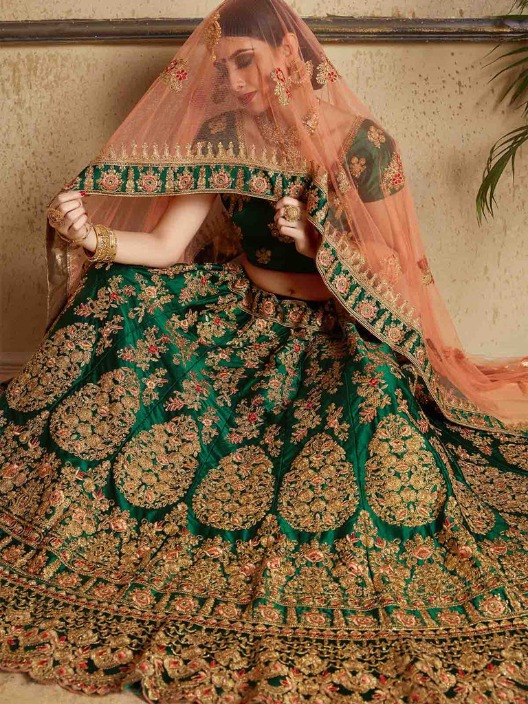 Dark Green Designer Satin Semi Stitched Lehenga With Unstitched Blouse Clothsvilla