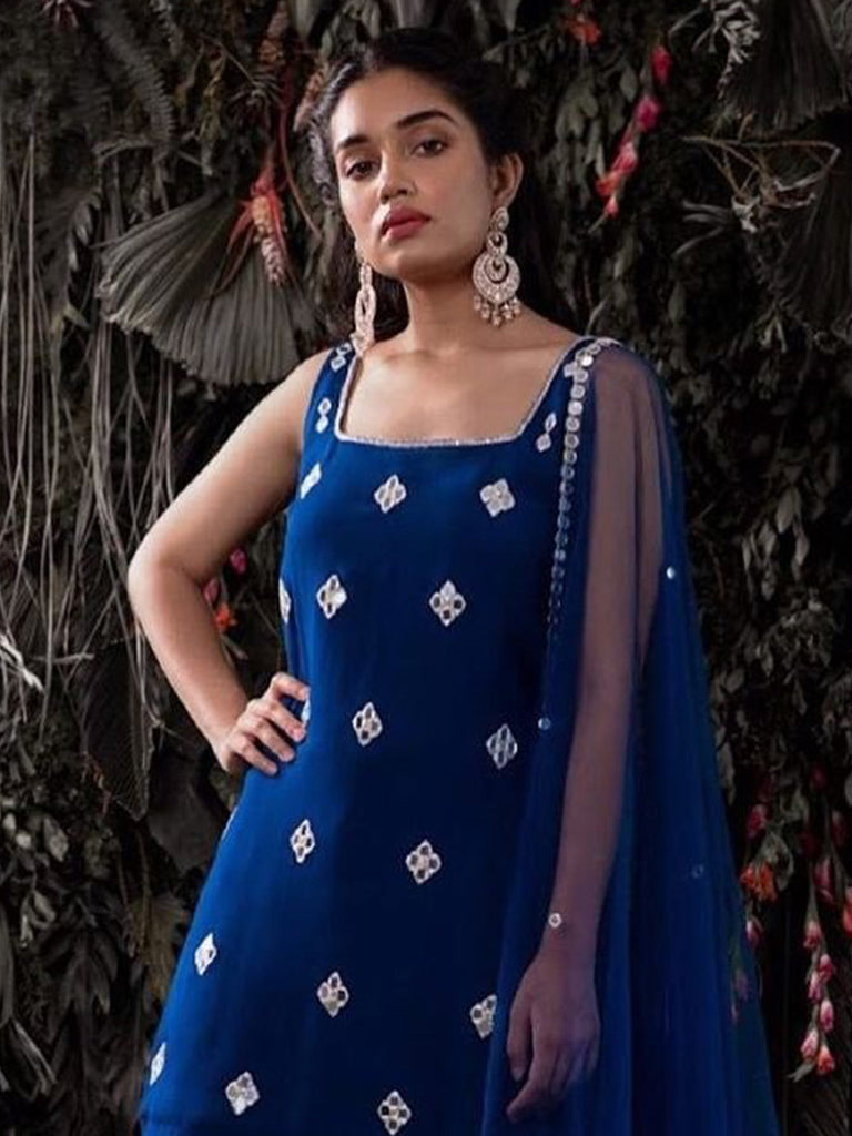 Dark Blue Georgette Designer  Semi Stitched Kurta Set Clothsvilla