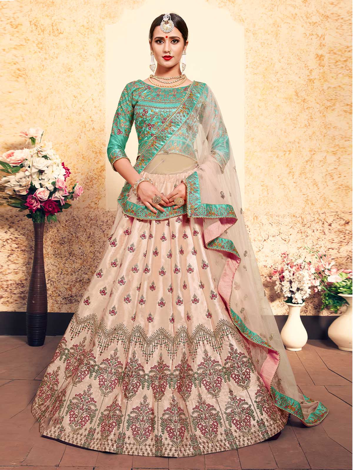 Peach Elegant  Semi Stitched Lehenga With  Unstitched Blouse Clothsvilla
