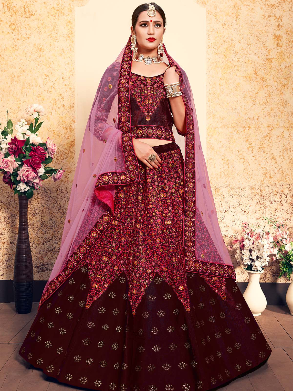 Embroidered Modern Maroon  Semi Stitched Lehenga With  Unstitched Blouse Clothsvilla Main image