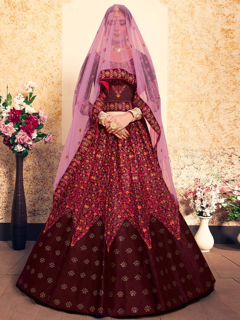 Embroidered Modern Maroon  Semi Stitched Lehenga With  Unstitched Blouse Clothsvilla