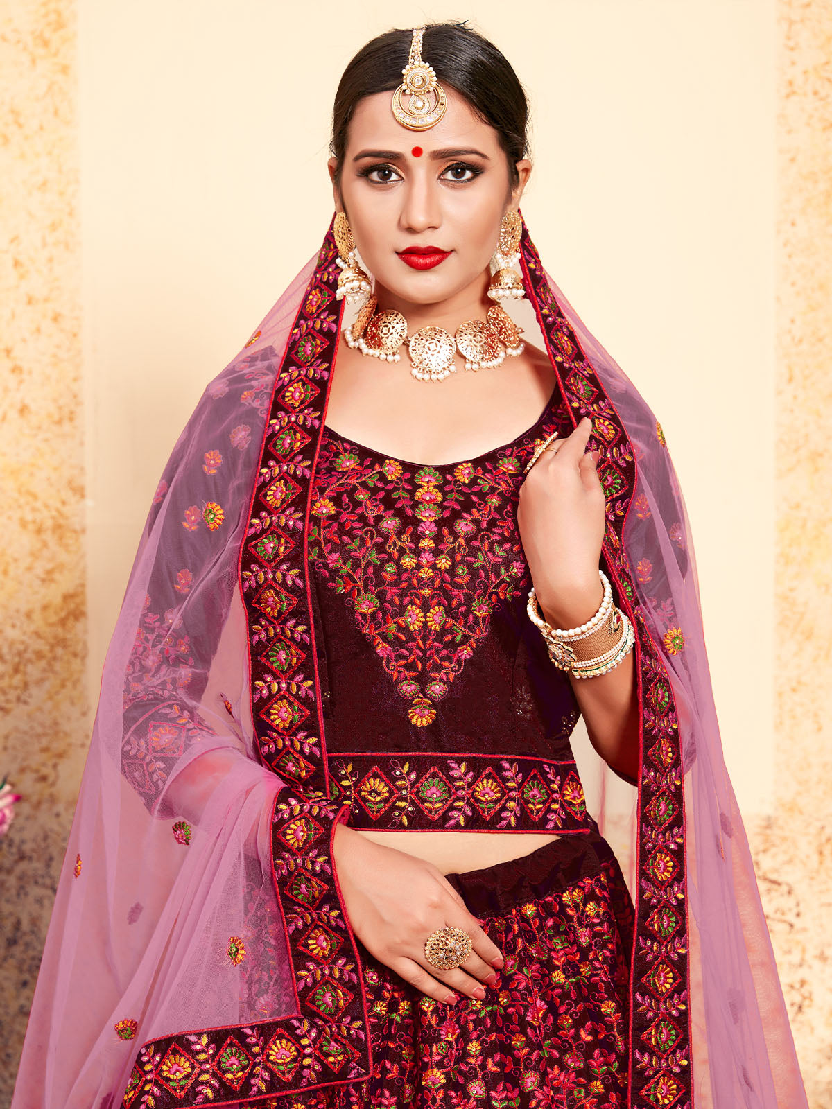 Embroidered Modern Maroon  Semi Stitched Lehenga With  Unstitched Blouse Clothsvilla