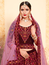 Load image into Gallery viewer, Embroidered Modern Maroon  Semi Stitched Lehenga With  Unstitched Blouse Clothsvilla