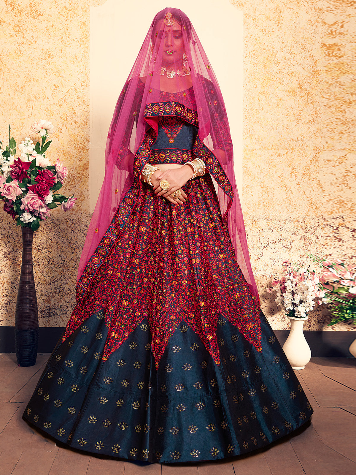 Dark Blue Designer  Semi Stitched Lehenga With  Unstitched Blouse Clothsvilla