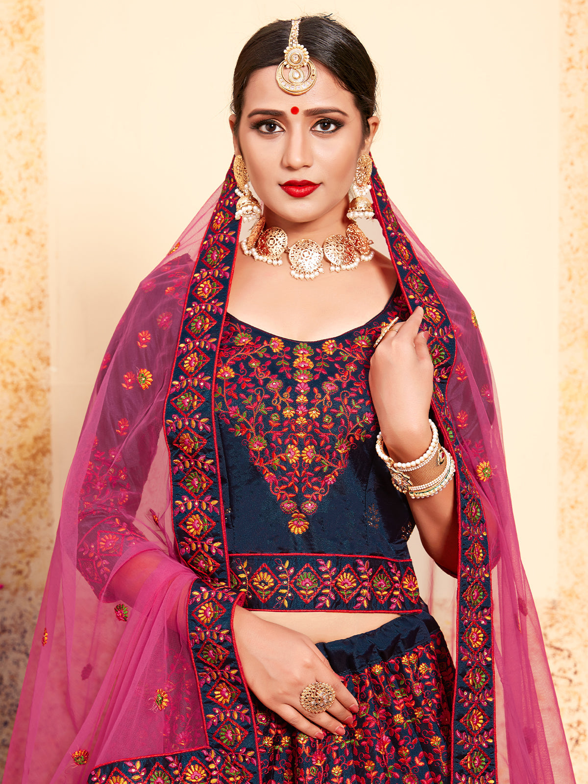 Dark Blue Designer  Semi Stitched Lehenga With  Unstitched Blouse Clothsvilla