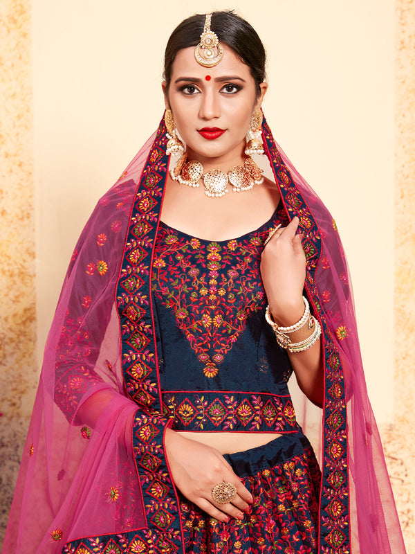 Dark Blue Designer  Semi Stitched Lehenga With  Unstitched Blouse Clothsvilla