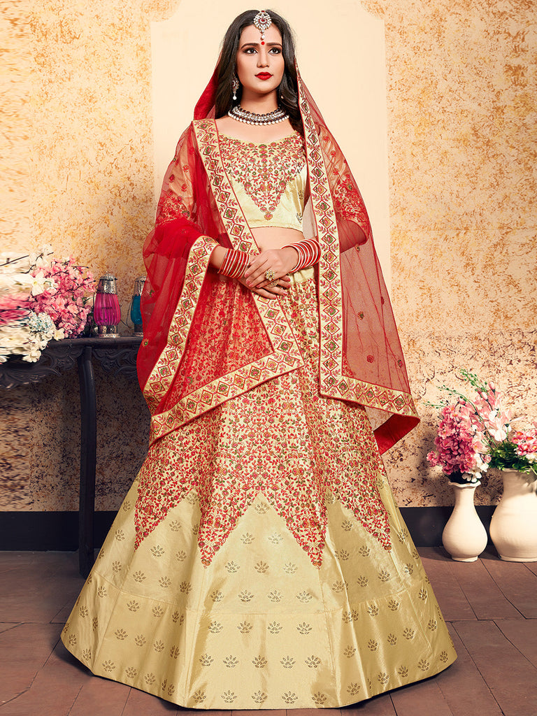 Beige Satin Embroidered Semi Stitched Lehenga With  Unstitched Blouse Clothsvilla