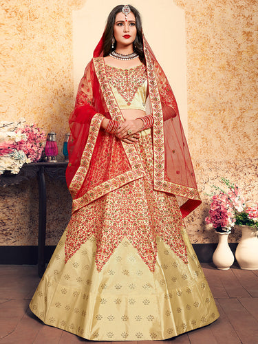 Beige Satin Embroidered Semi Stitched Lehenga With  Unstitched Blouse Clothsvilla