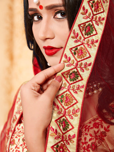 Beige Satin Embroidered Semi Stitched Lehenga With  Unstitched Blouse Clothsvilla