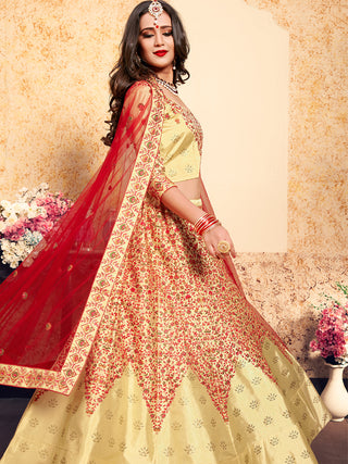 Beige Satin Embroidered Semi Stitched Lehenga With  Unstitched Blouse Clothsvilla