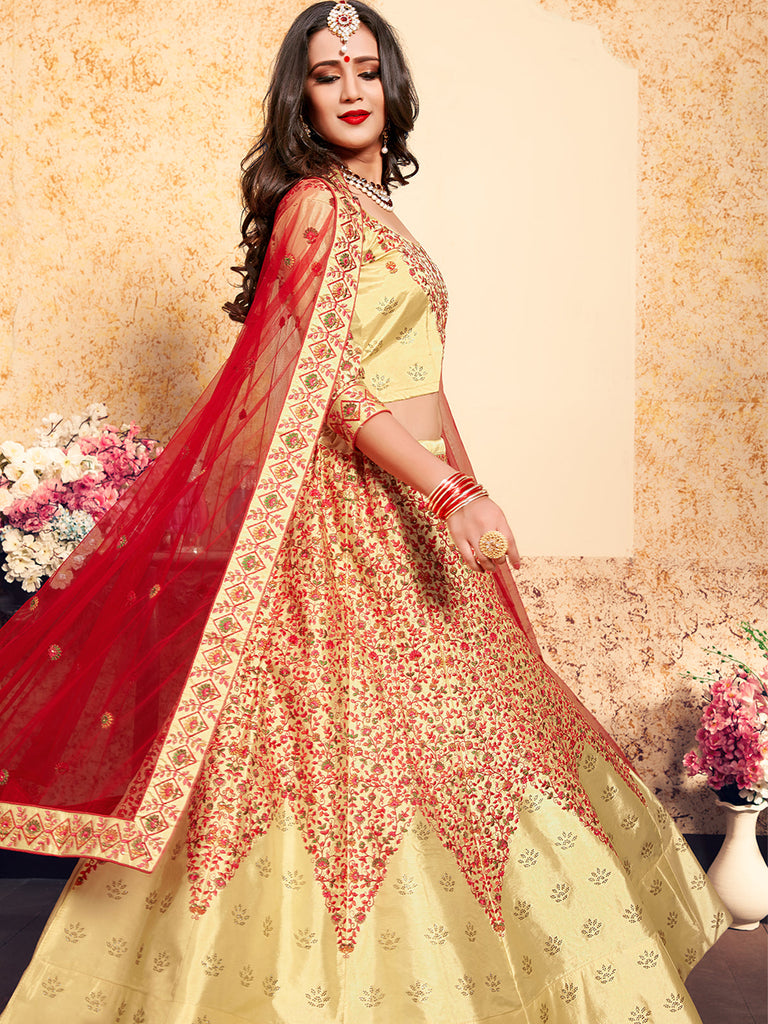 Beige Satin Embroidered Semi Stitched Lehenga With  Unstitched Blouse Clothsvilla