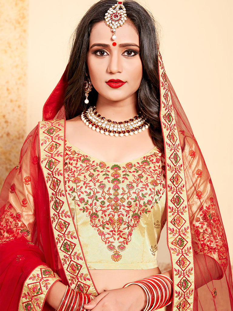 Beige Satin Embroidered Semi Stitched Lehenga With  Unstitched Blouse Clothsvilla