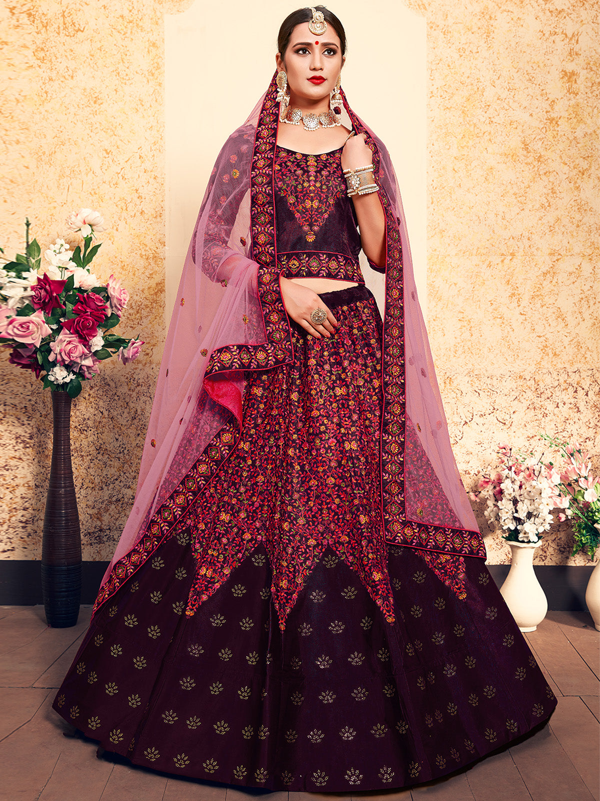 Brown Classy  Semi Stitched Lehenga With  Unstitched Blouse Clothsvilla
