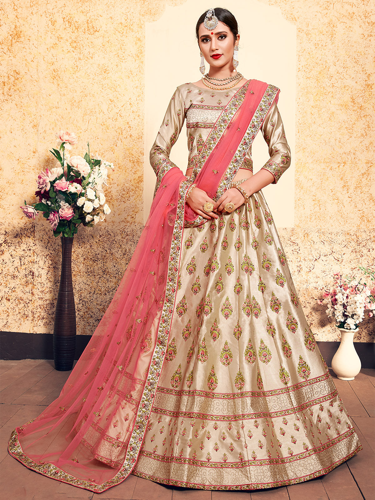 Beige & Pink Soft Net Semi Stitched Lehenga With  Unstitched Blouse Clothsvilla