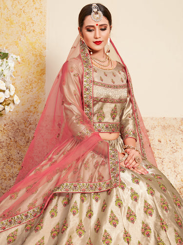 Beige & Pink Soft Net Semi Stitched Lehenga With  Unstitched Blouse Clothsvilla