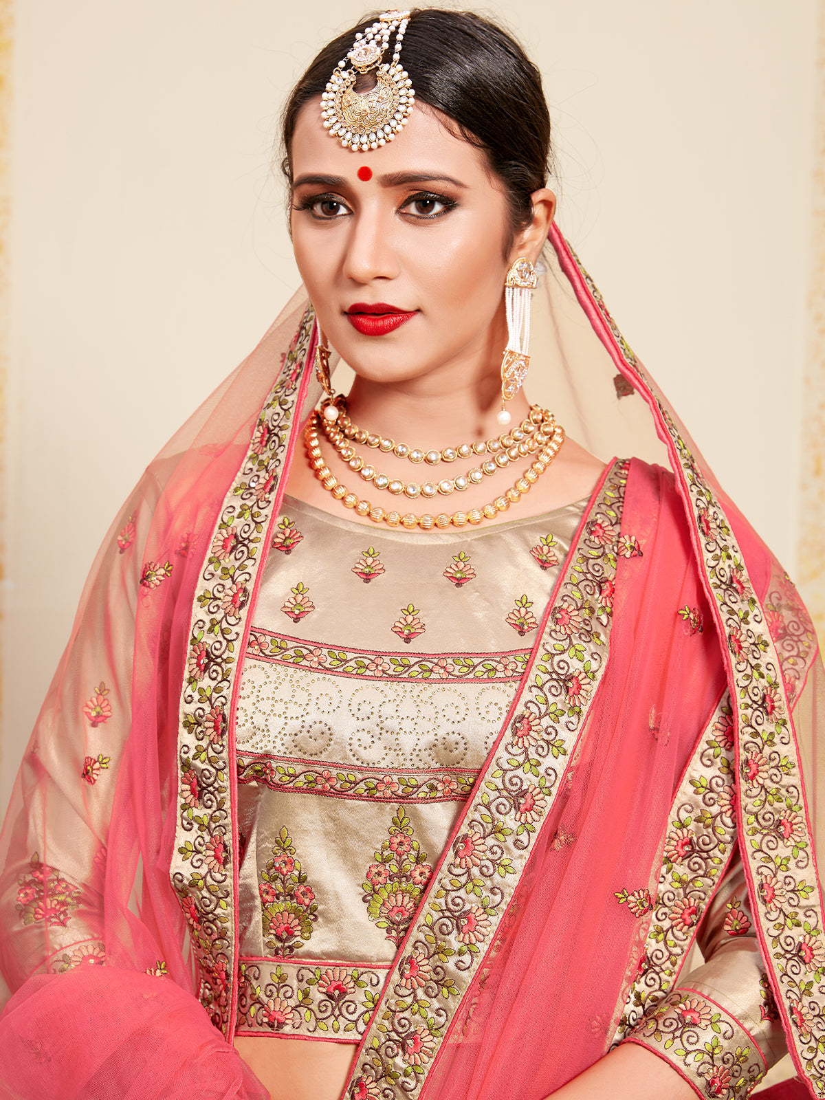 Beige & Pink Soft Net Semi Stitched Lehenga With  Unstitched Blouse Clothsvilla