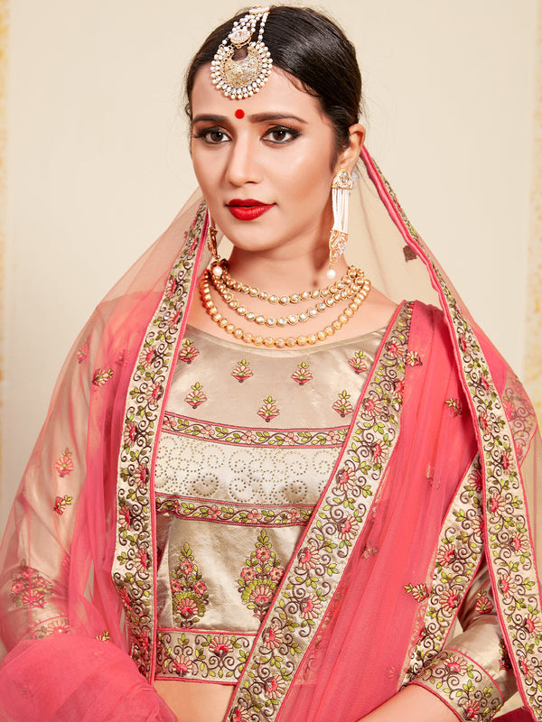 Beige & Pink Soft Net Semi Stitched Lehenga With  Unstitched Blouse Clothsvilla