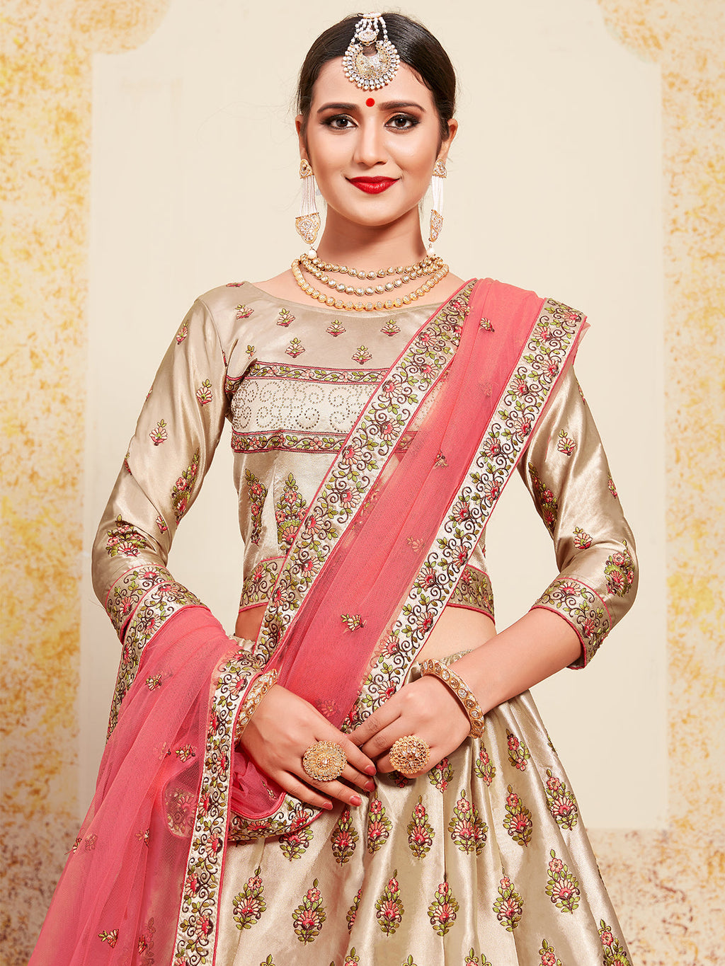 Beige & Pink Soft Net Semi Stitched Lehenga With  Unstitched Blouse Clothsvilla