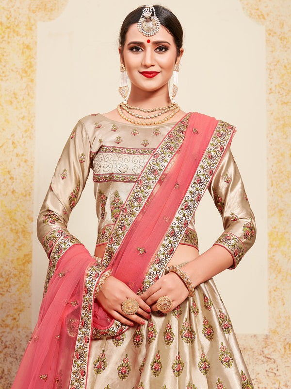 Beige & Pink Soft Net Semi Stitched Lehenga With  Unstitched Blouse Clothsvilla